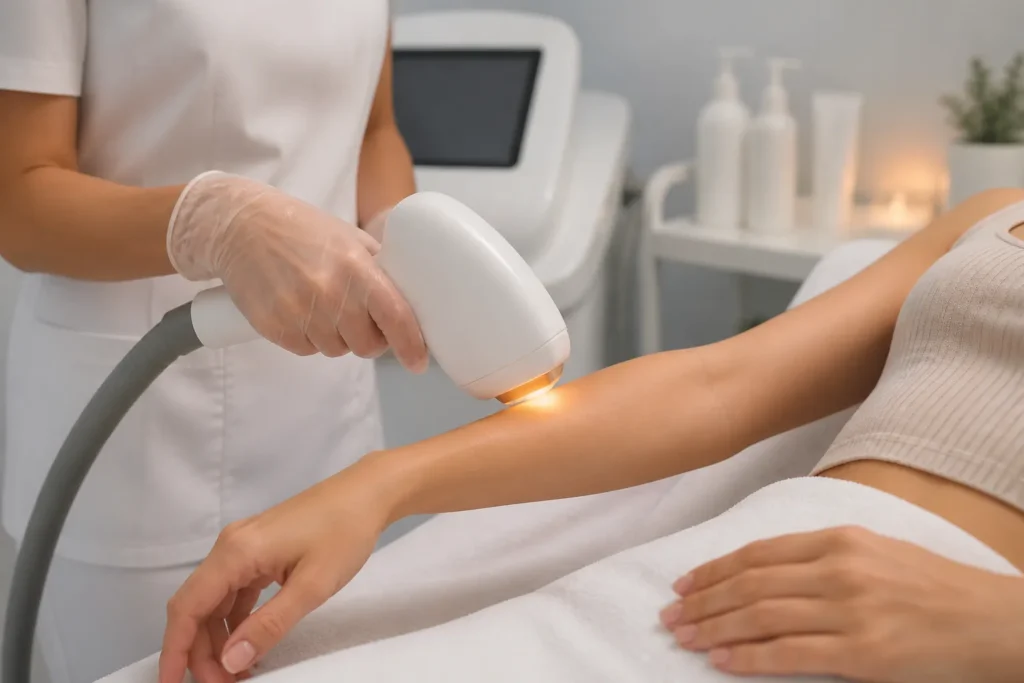specialist zet een ipl-handstuk met lichtflits op de onderarm van een liggende cliënt in een behandelkamer