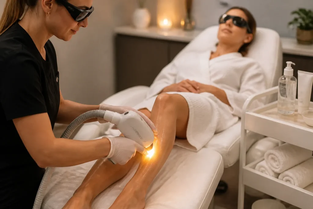 schoonheidsspecialiste zet ipl-handstuk met lichtflits op onderbeen van liggende klant in salon