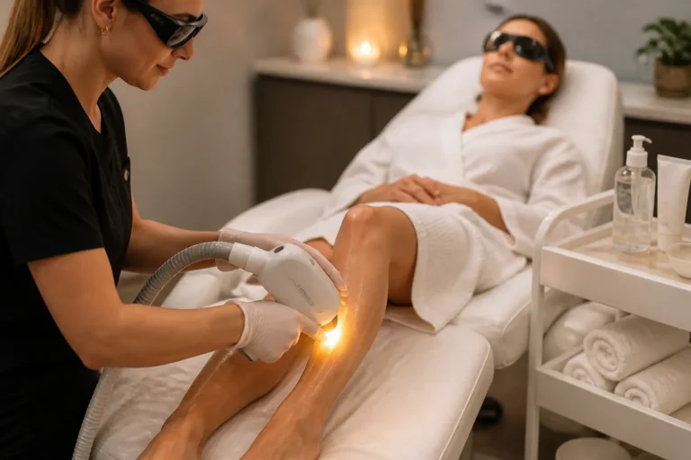 schoonheidsspecialiste zet ipl-handstuk met lichtflits op onderbeen van liggende klant in salon