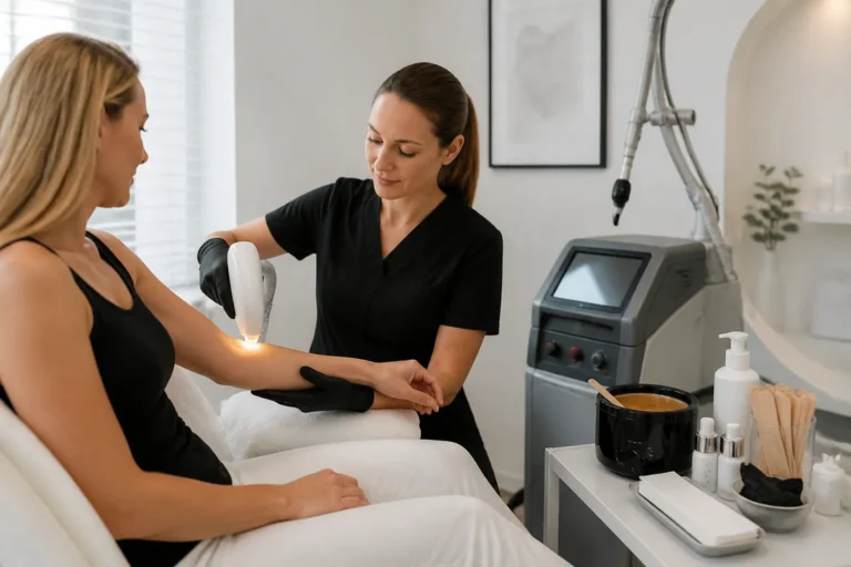 behandelaar gebruikt een ipl-handstuk met lichtflits op onderarm terwijl cliënt andere opties bekijkt