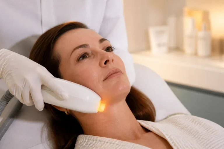 vrouw rond de veertig krijgt een anti aging gezichtsbehandeling met een IPL-handstuk in een rustige klinische ruimte