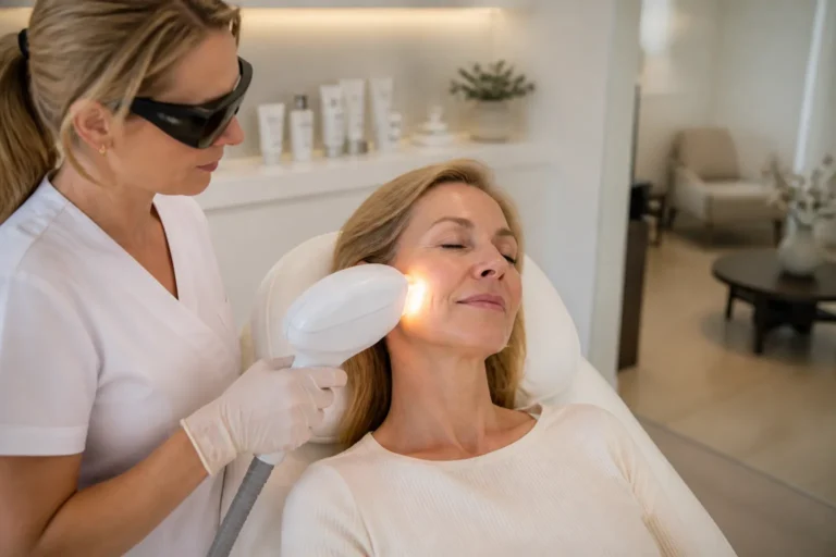 huidtherapeut gebruikt een IPL-handstuk met warm licht op het gezicht van een vrouw in een rustige kliniek