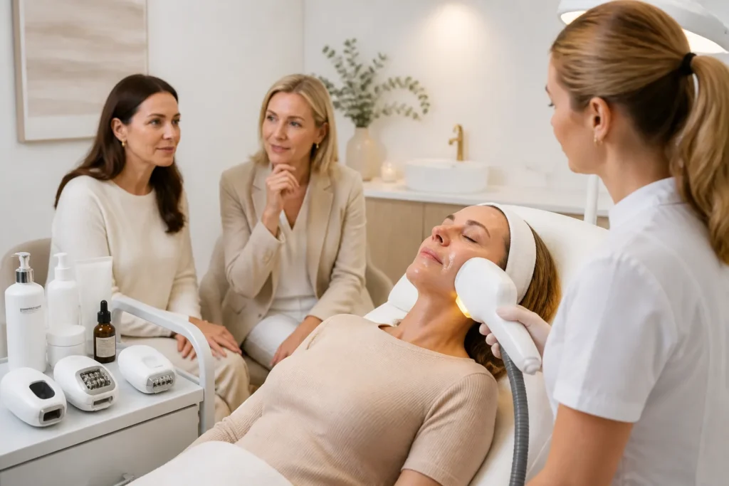 huidtherapeut toont ipl-handstuk met warm licht aan twee vrouwen in behandelkamer