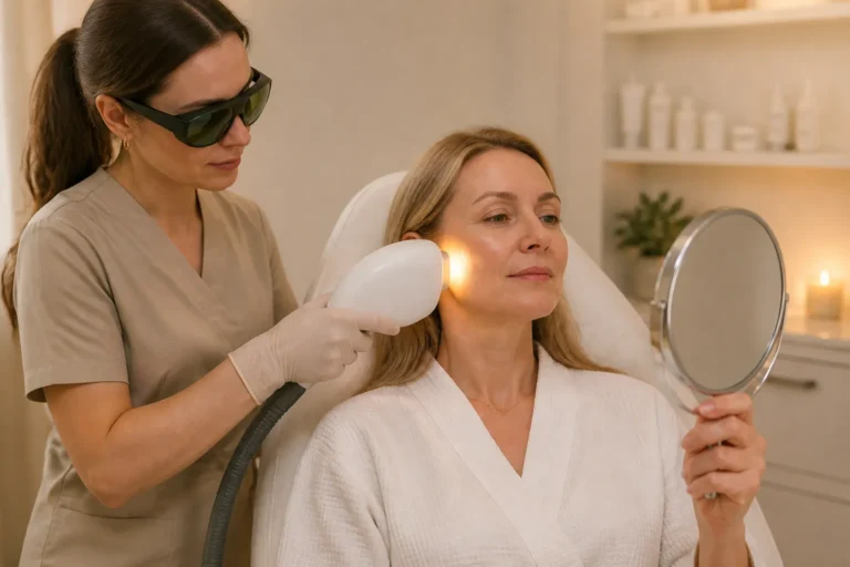 huidtherapeut gebruikt een compact ipl-handstuk dat lichtflitsen geeft op de wang van een ontspannen cliënt in een kliniek