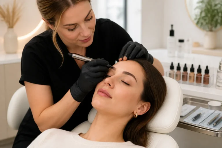 pmu-specialist die met een fijne pigmentpen een goed belichte wenkbrauw behandelt in een lichte salon