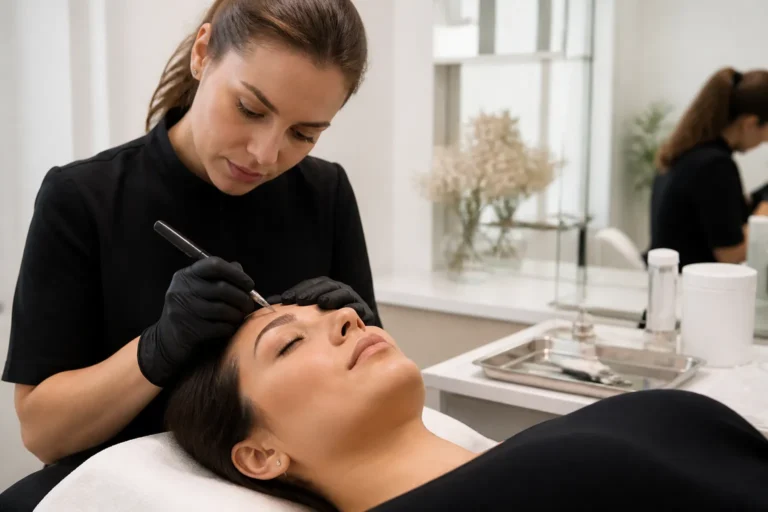 pmu-specialist met pigmentpen boven goed belichte wenkbrauw in lichte salon, klant ligt ontspannen in behandelstoel