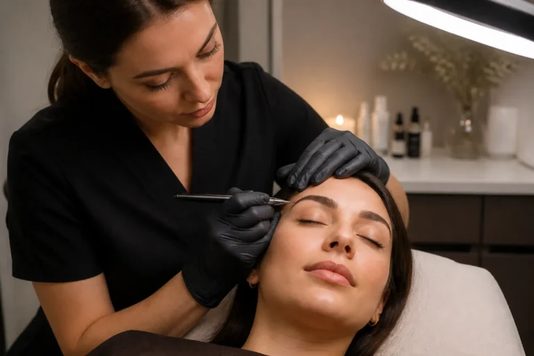 pmu-specialist die met een fijne pigmentpen vlak boven een goed belichte wenkbrauw werkt in een lichte salon