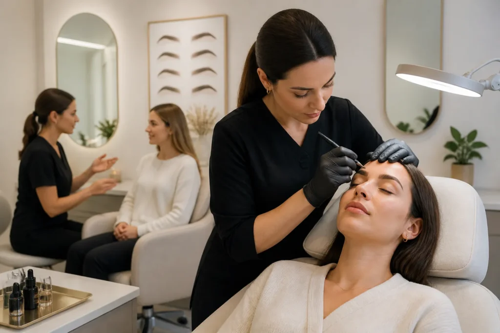 twee specialisten permanente make-up werken met pigmentpen boven goed belichte wenkbrauwen in een salon