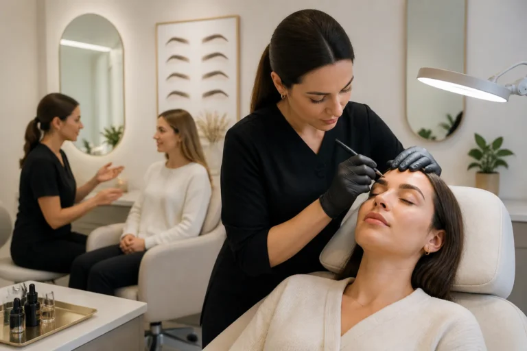 twee specialisten permanente make-up werken met pigmentpen boven goed belichte wenkbrauwen in een salon