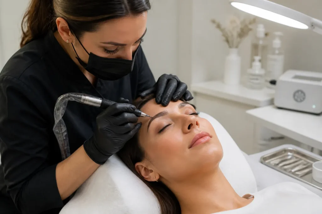 schoonheidsspecialist brengt met een fijne pigmentpen permanente make-up aan op een wenkbrauw in een lichte salon