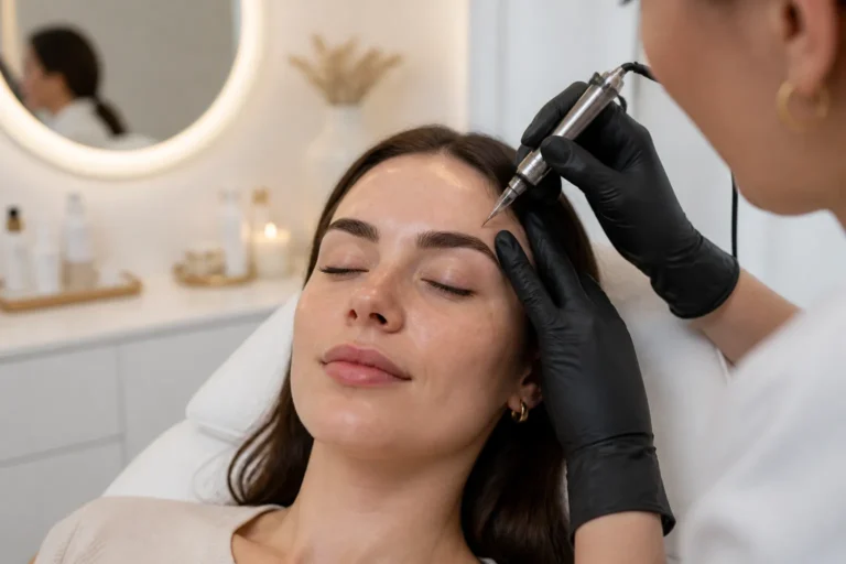 pmu-specialist met pigmentpen boven goed belichte wenkbrauw van klant in een lichte salon
